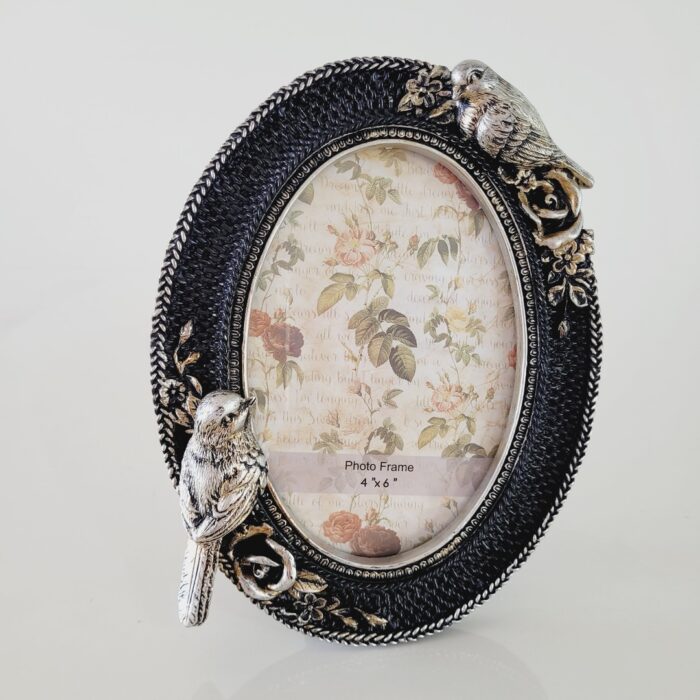 Porta retrato de resina oval com Flores e Pássaros preto com prata (10x15)