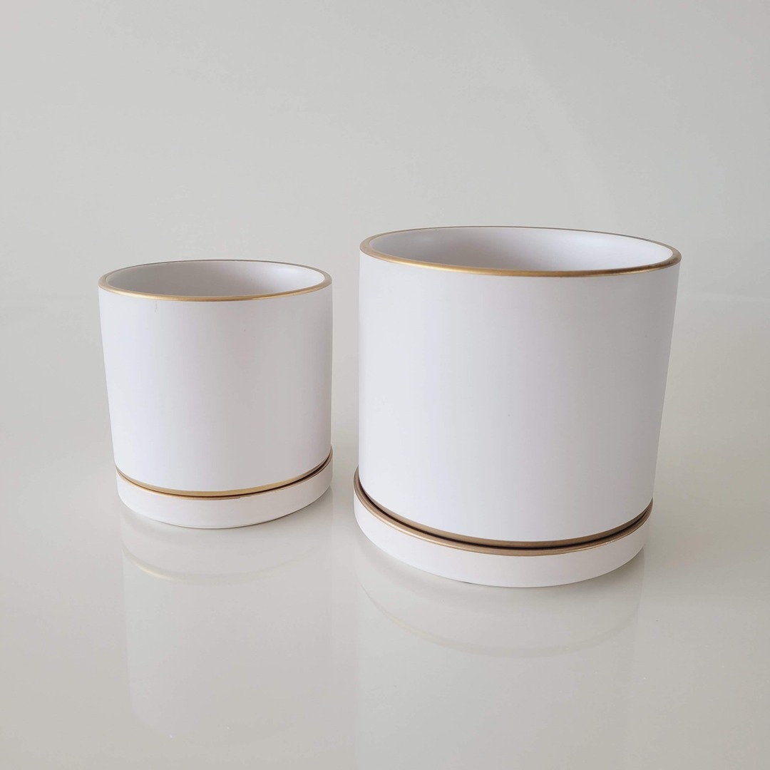 Cachepot de cerâmica com prato branco e borda dourada G - Imagem 3