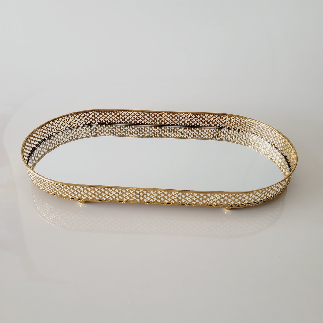 Bandeja de metal vazado oval com espelho dourado G - Imagem 2