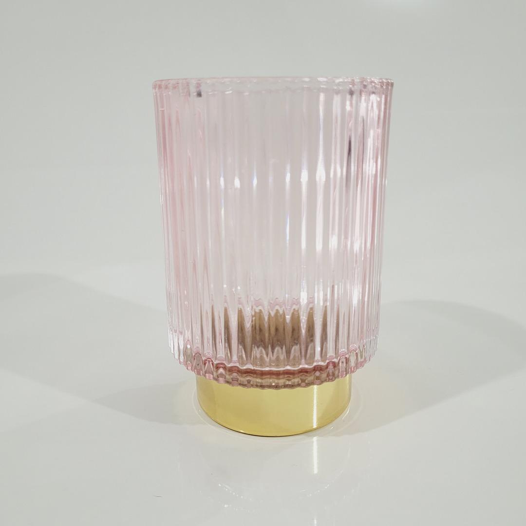 Vaso de vidro Linte estriado base metal rosa com dourado P 13xØ9
