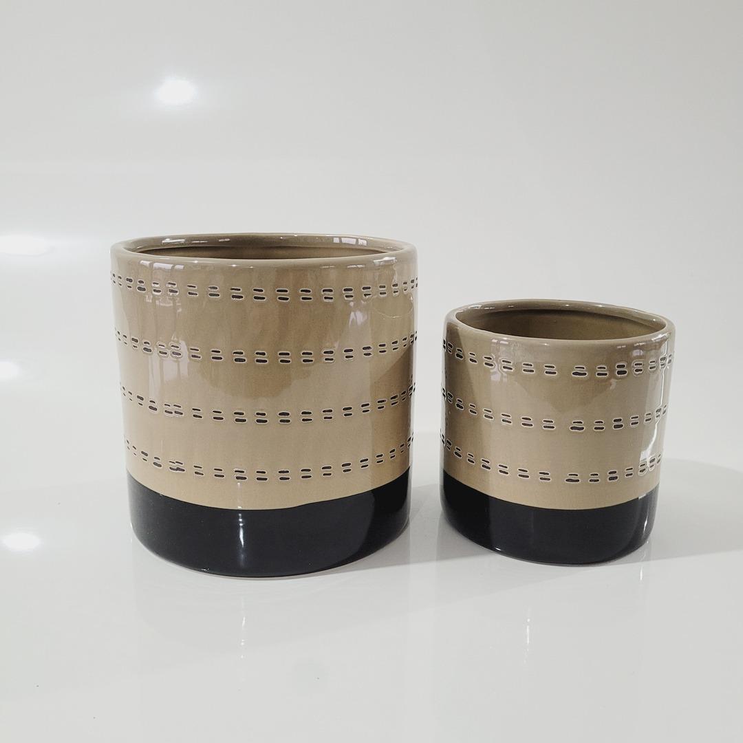 Cachepot de cerâmica pontilhado Sorrento bege com preto G 15xØ15,5 - Imagem 2