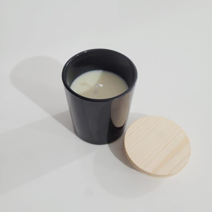 Vela aromática com tampa madeira e suporte de vidro preto 8xØ6,5