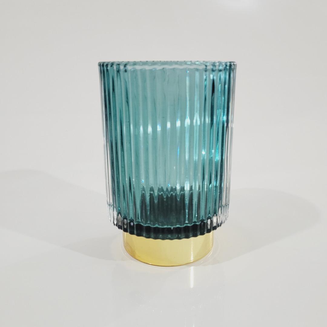 Vaso de vidro Linte estriado base metal verde com dourado P 13xØ9