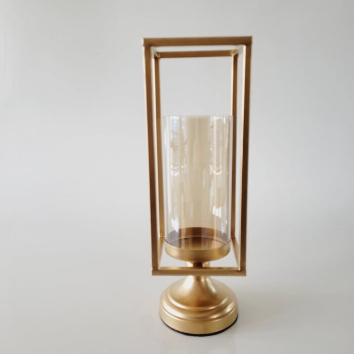 Lanterna decorativa de metal e copo de vidro dourado G 40x13x13