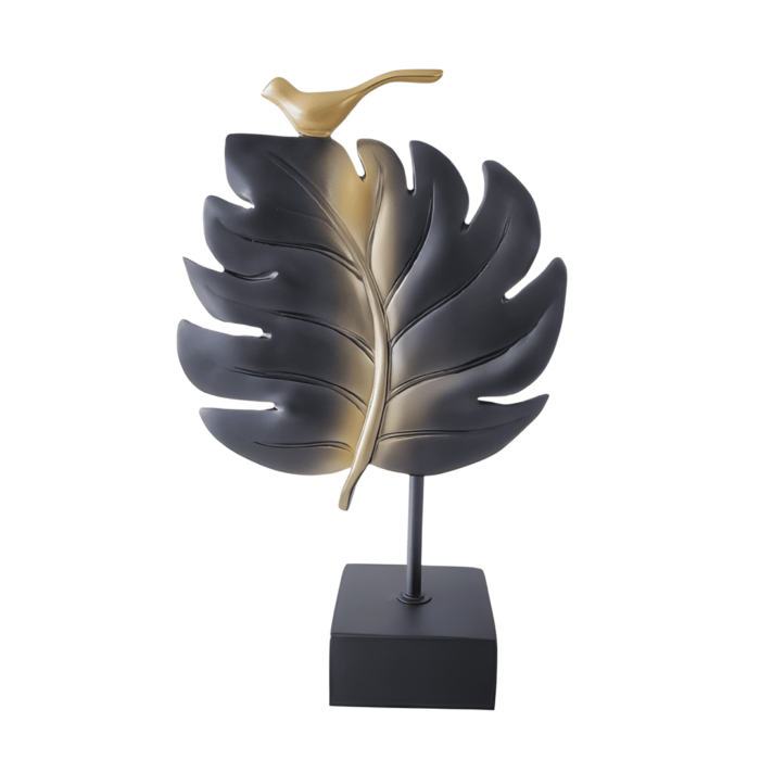 Escultura de resina Folha Pássaro preto e dourado M 35x23x10 - Imagem 2