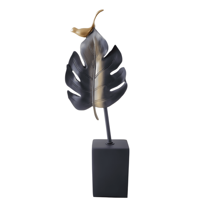 Escultura de resina Folha Pássaro preto e dourado P 42x16x6 - Imagem 2
