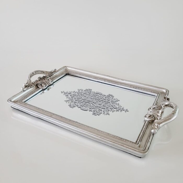 Bandeja em resina com base em espelho prata 4,5x39,5x24,5