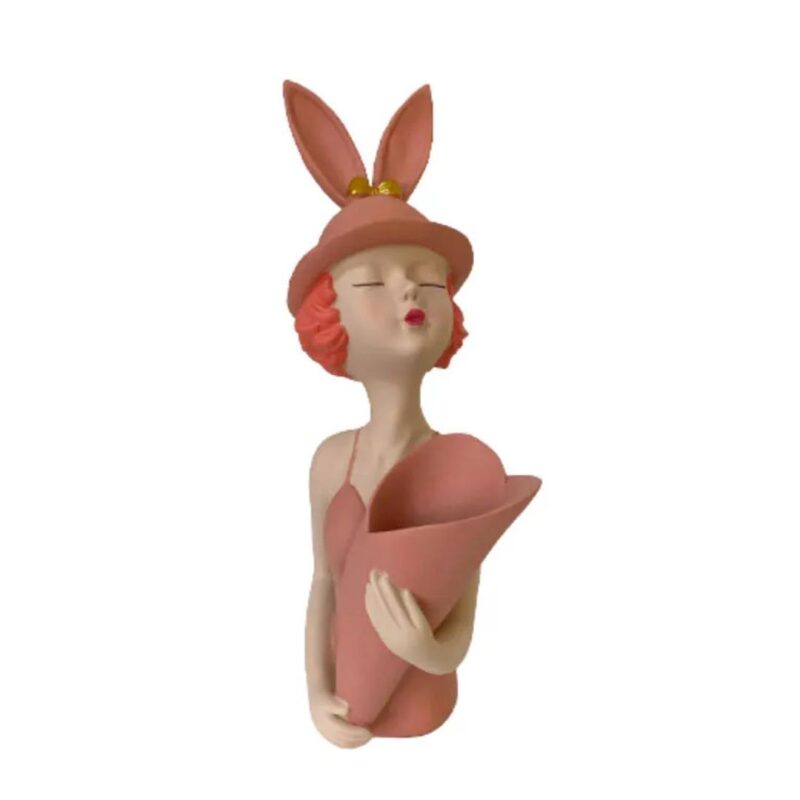 Figura decorativa de resina menina com cachepot rosa