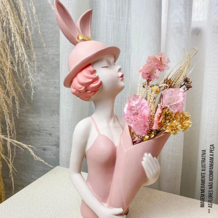 Figura decorativa de resina menina com cachepot rosa - Imagem 2