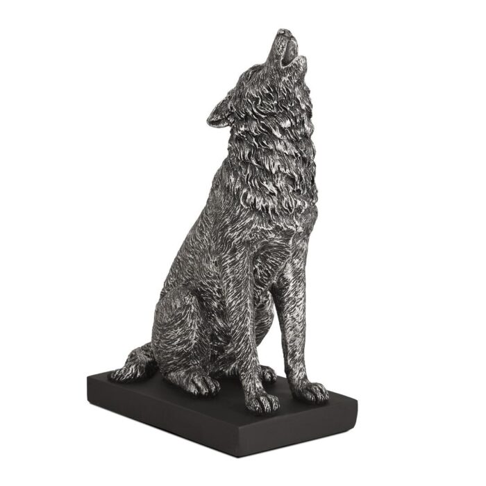 Escultura de resina Lobo uivando prata velho