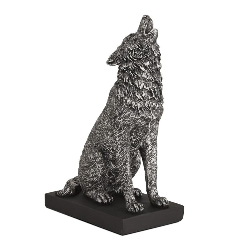 Escultura de resina Lobo uivando prata velho
